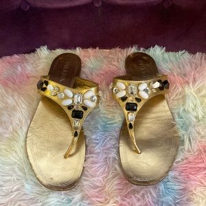 Prada Gold Leather Rhinestone Thong Sandals